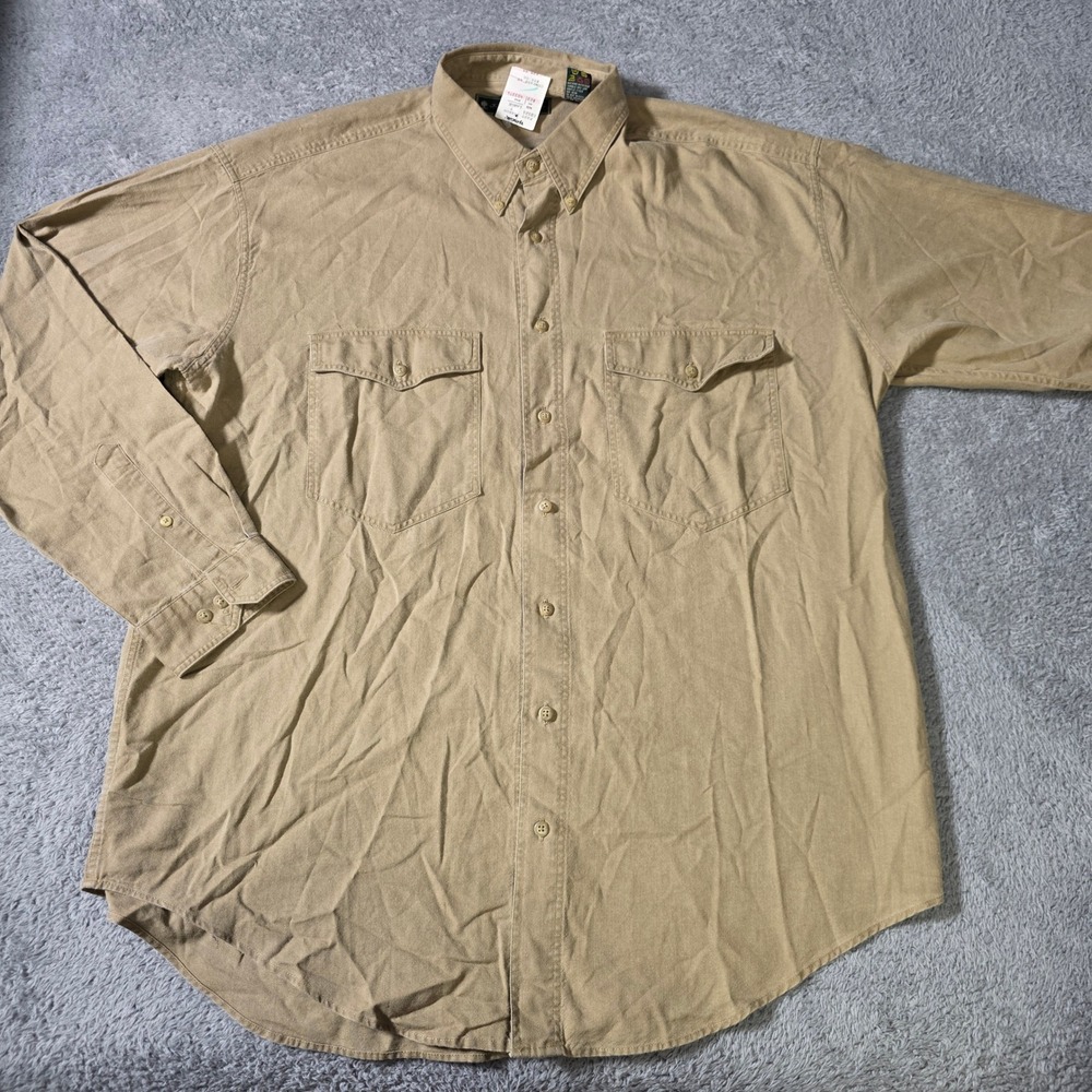 J.J. Farmer Mens Large Button Down Shirt Khaki Tan Cotton Canvas Workwear Pocket